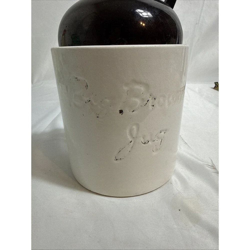 Vintage Big Brown Jug Decanter with Lid Stoneware Crazed Decoration